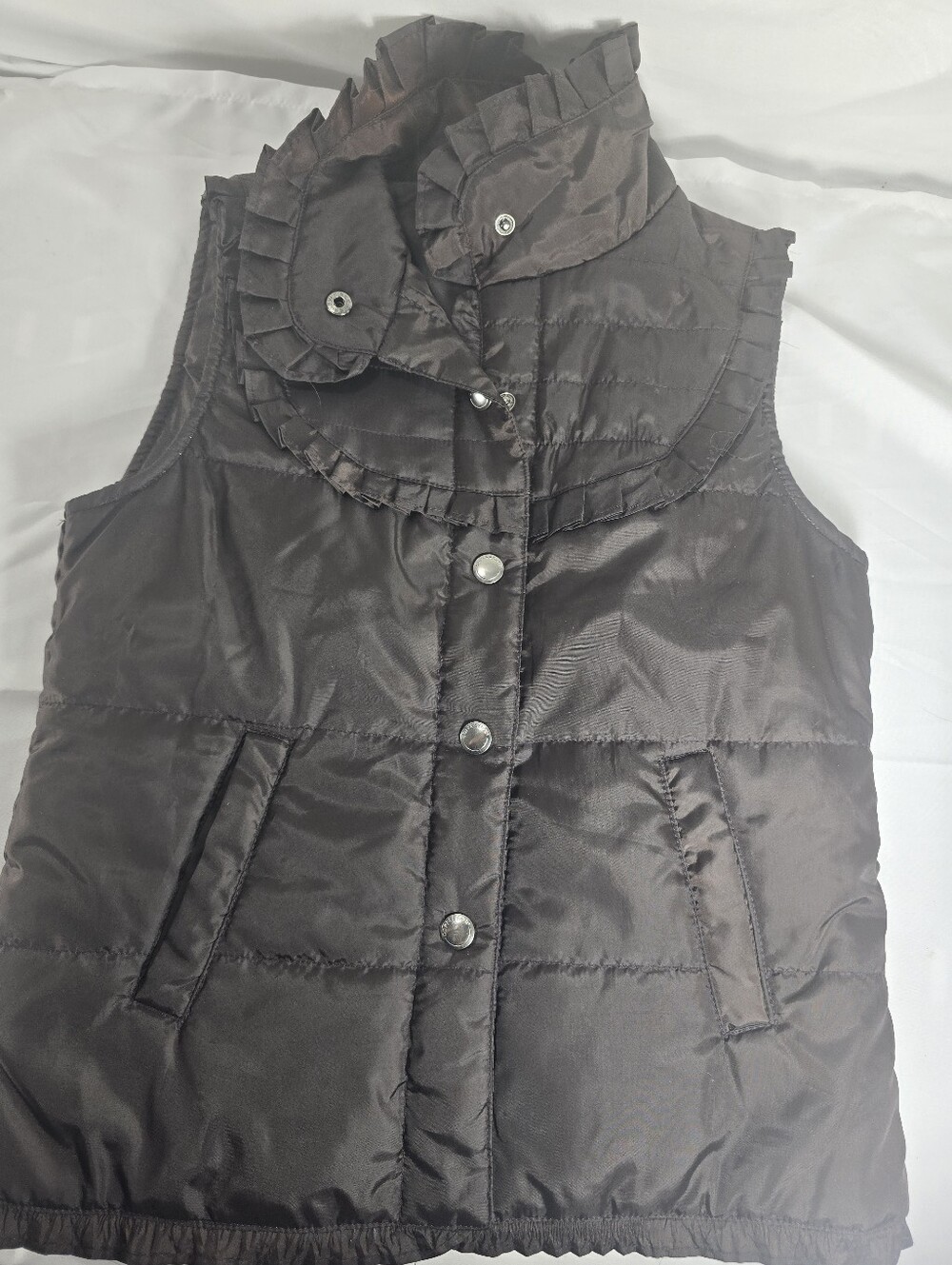 CoffeeShop Brown Ruffle Collar Puffer Vest Womens Small Quilted Snap Front